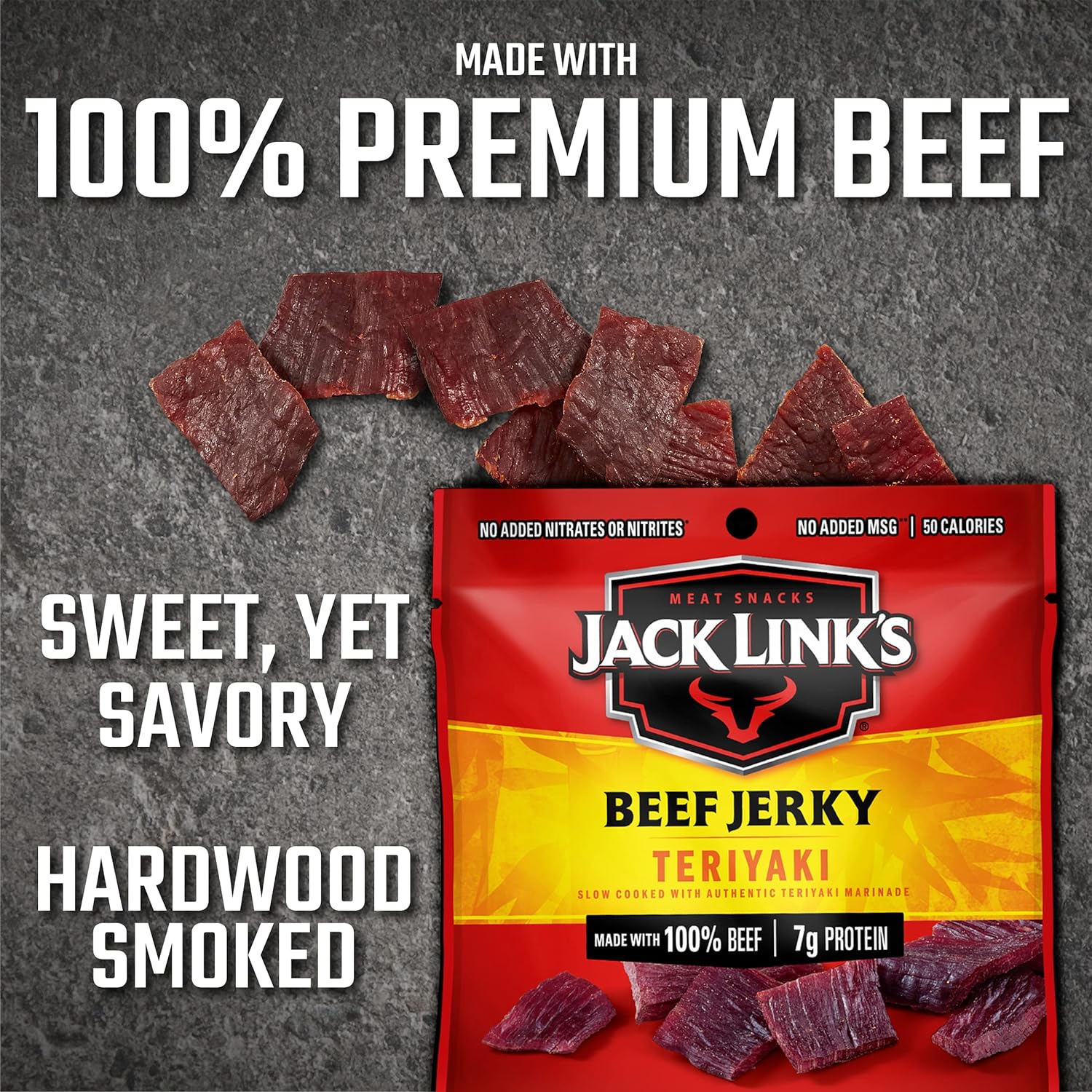 Jack Link's Beef Jerky, Teriyaki, Multipack Bags - Flavorful Meat Snack for Lunches, Ready to Eat - 7g of Protein, Made with Premium Beef, No Added MSG - 0.625 oz (Pack of 20) - Image 4
